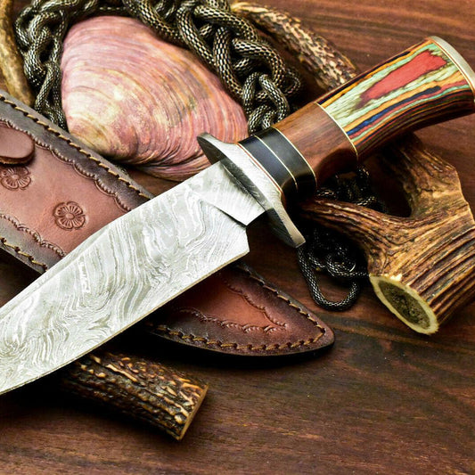 12" Handmade Damascus Steel Bowie Hunting Knife – Hard Wood Handle