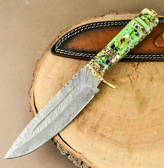 12" Handmade Damascus Steel Bowie Hunting Knife – Resin Handle Luxury EDC