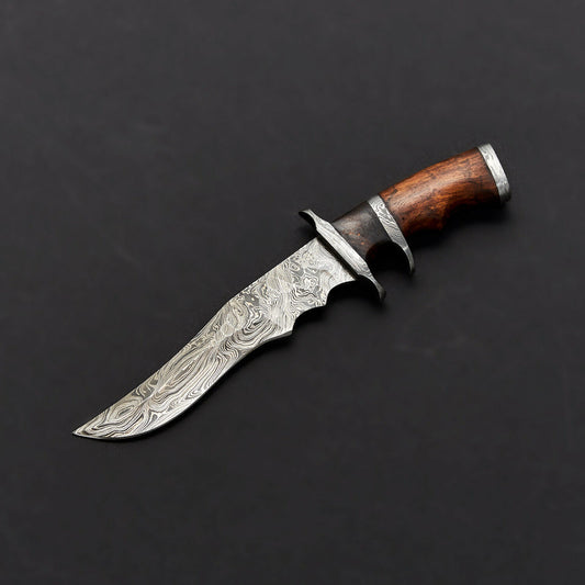 12" Handmade Damascus Steel Bowie Knife – Buffalo Horn & Wood Handle + Leather Sheath