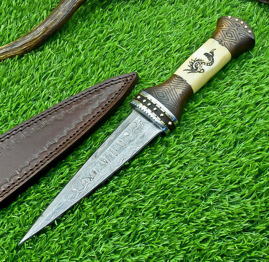 12" Handmade Damascus Steel Bowie Knife – Engraved Camel Bone & Wood Handle