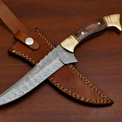  12" Handmade Damascus Steel Bowie Knife – Pakka Wood Handle & Brass Guard