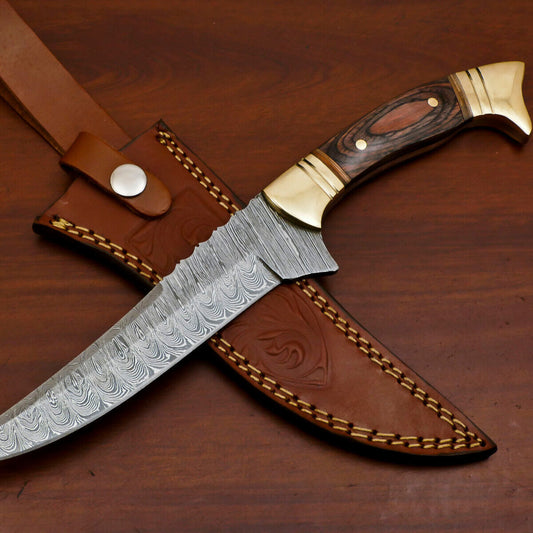  12" Handmade Damascus Steel Bowie Knife – Pakka Wood Handle & Brass Guard