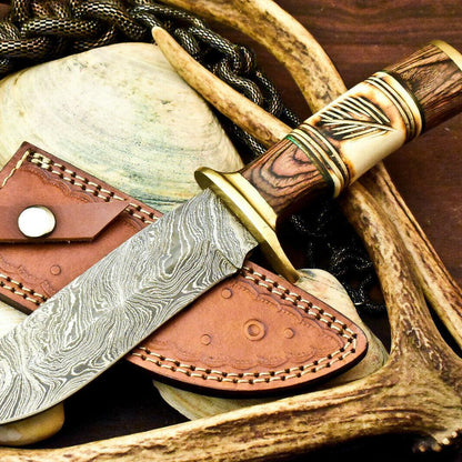 12" Handmade Damascus Steel Bowie Knife – Polished Camel Bone Handle