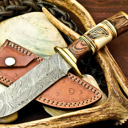 12" Handmade Damascus Steel Bowie Knife – Polished Camel Bone Handle