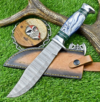 12" Handmade Damascus Steel Bowie Knife – Resin & Camel Bone Handle