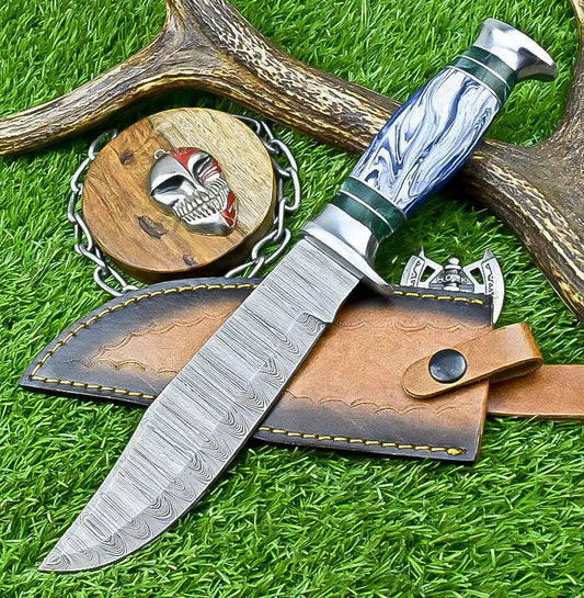 12" Handmade Damascus Steel Bowie Knife – Resin & Camel Bone Handle