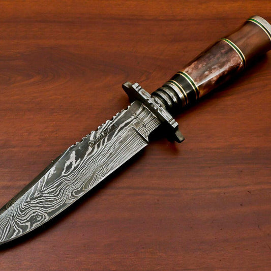 12" Handmade Damascus Steel Bowie Knife – Stained Camel Bone & Bull Horn Handle
