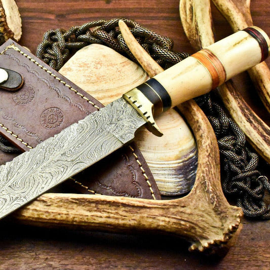 12" Handmade Damascus Steel Bowie Knife | Stained Camel Bone Handle