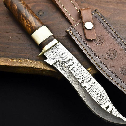 12" Handmade Damascus Steel Bowie Knife – Walnut Wood Hunting Knife with Leather Sheath