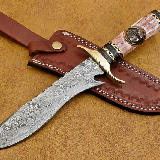 12" Handmade Damascus Steel Bowie Knife with Bone & Wood Handle and Brass Guard