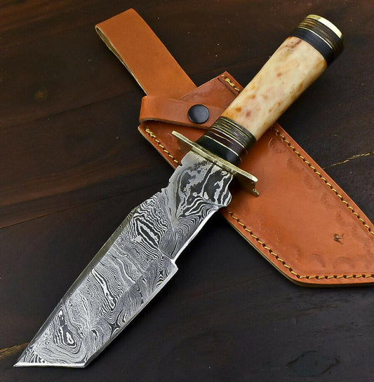 12" Handmade Damascus Steel Bowie Knife with Camel Bone Handle & Leather Sheath