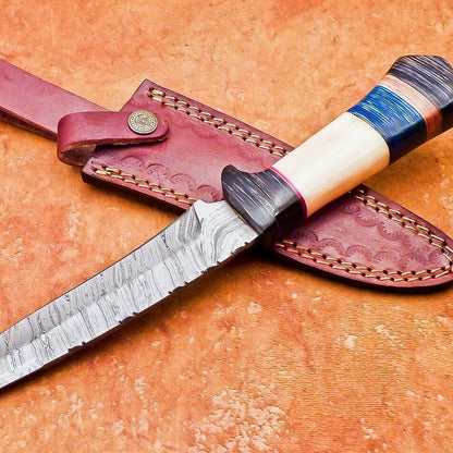 12" Handmade Damascus Steel Bowie Knife with Camel Bone & Hardwood Handle