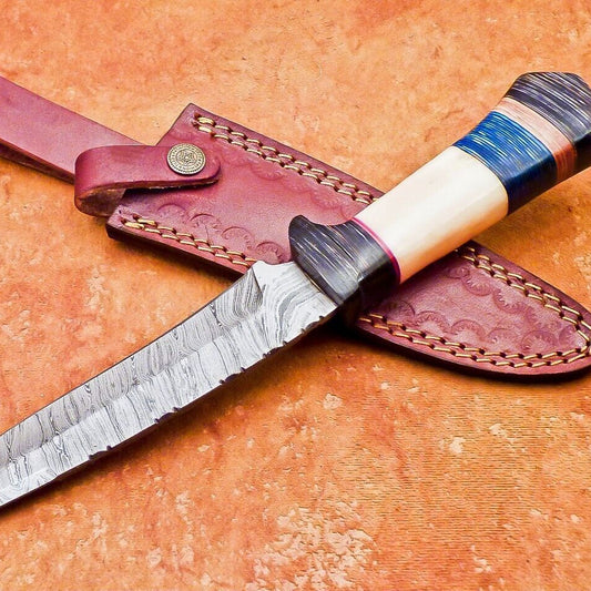 12" Handmade Damascus Steel Bowie Knife with Camel Bone & Hardwood Handle