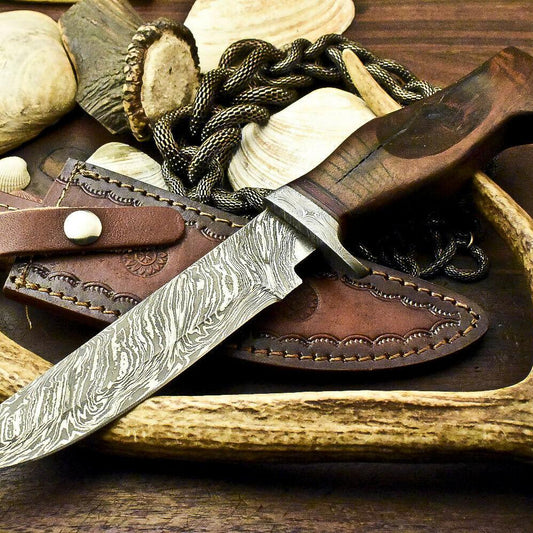 12" Handmade Damascus Steel Bowie Knife with Walnut Wood Handle & Leather Sheath