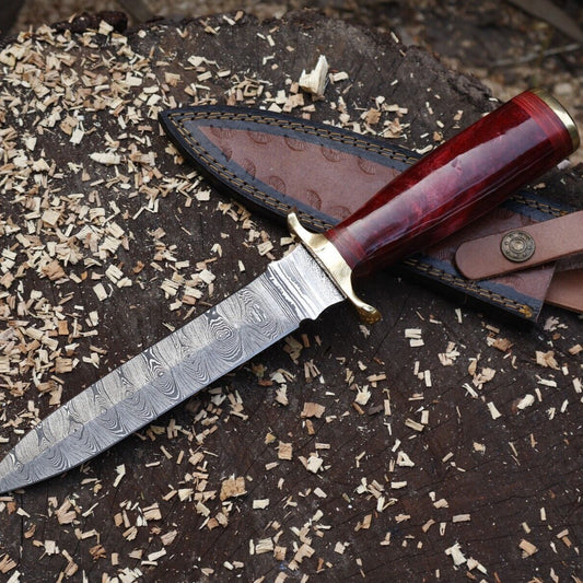  12" Handmade Damascus Steel Dagger Knife with Red Resin Handle & Sheath