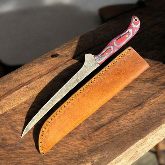 12" Handmade Damascus Steel Fillet Knife with Pakka Wood Handle & Leather Sheath