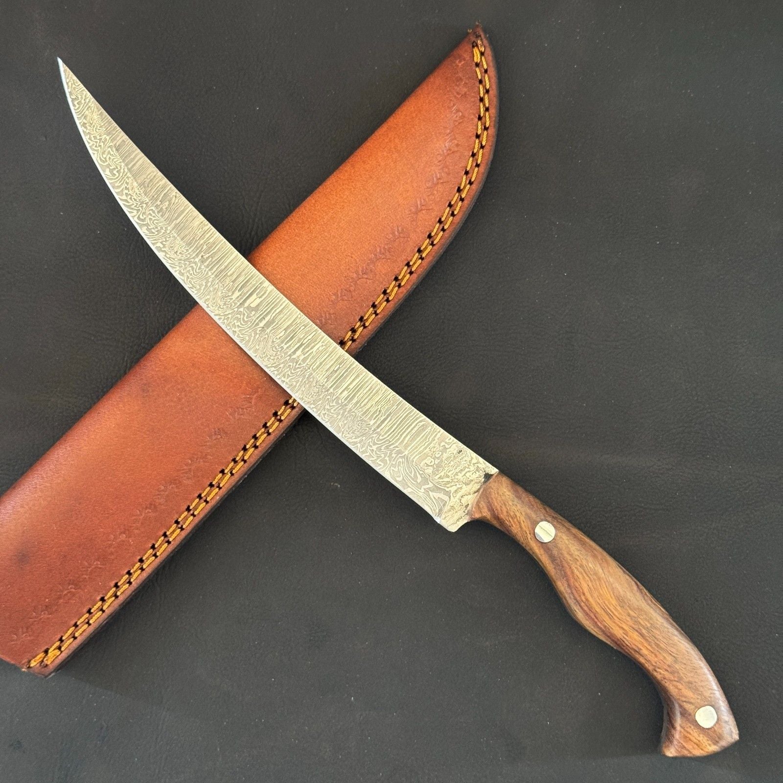 12" Handmade Damascus Steel Fillet Knife with Rose Wood Handle & Leather Sheath