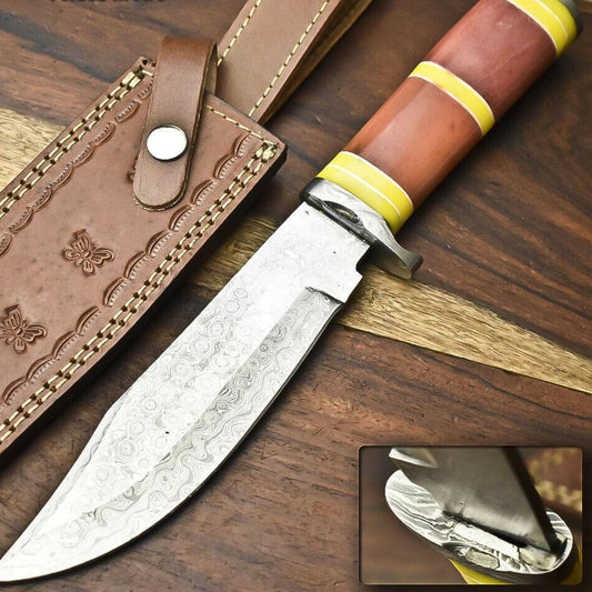 12" Handmade Damascus Steel Hunting Bowie Knife – Camel Bone Handle with Leather Sheath