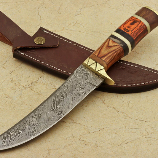 12" Handmade Damascus Steel Hunting & Bowie Knife – Pakka Wood, Rosewood & Bone Handle