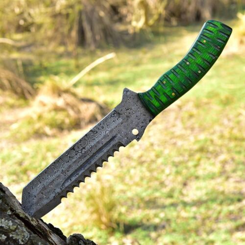 12" Handmade Damascus Steel Hunting Knife – Survival, Camping, Outdoor Rescue with Green Wood Handle