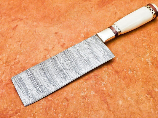 12" Handmade Damascus Steel Kitchen Chopper – Camel Bone Handle