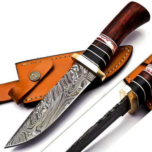 12" Handmade Damascus Steel Knife Custom Bowie Knife with Walnut Wood Handle & Sheath