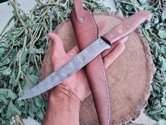 12" Handmade Damascus Steel Knife Fillet Knife Wood Handle W/Leather Sheath
