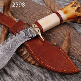 12" Handmade Damascus Steel Kukri Bowie Knife – Hunting & Survival with Leather Sheath
