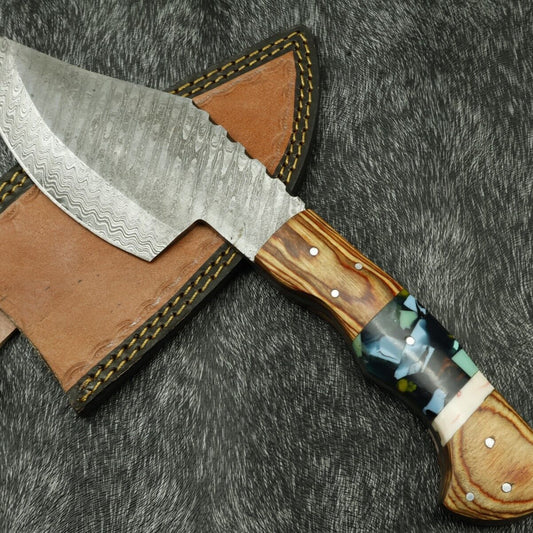 12" Handmade Damascus Steel Survival Bowie Knife – Wood & Resin Handle w/ Sheath