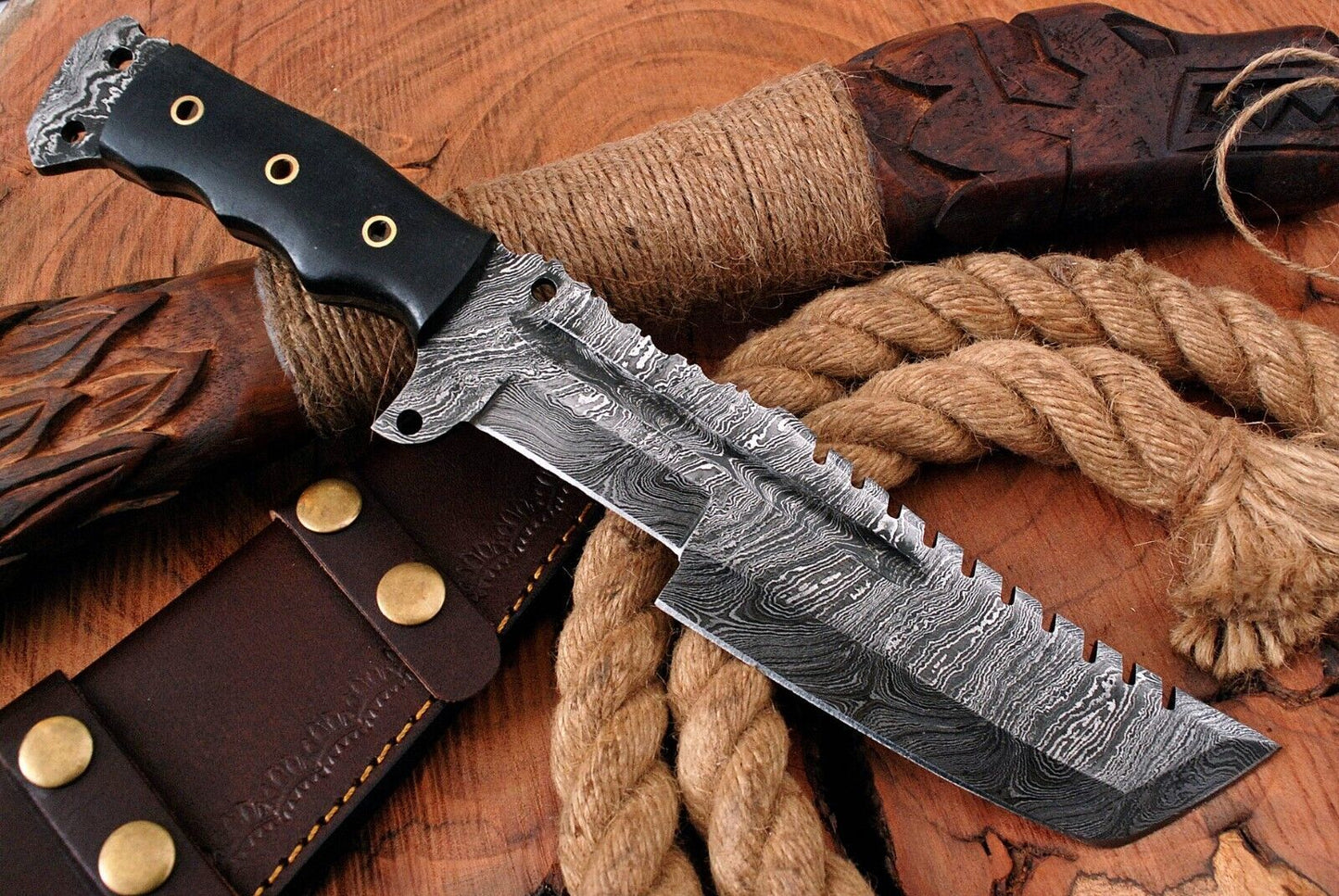 12" Handmade Damascus Steel Tracker Knife – Hunting, Bushcraft, Survival, Camping EDC with Bull Horn Handle & Leather Sheath