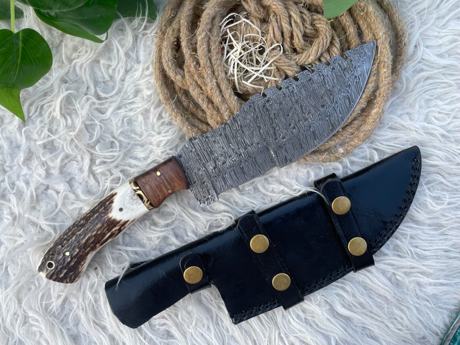 12" Handmade Damascus Steel Tracker Knife – Red Deer Stag Handle, Big Game Hunting Knife with Leather Sheath