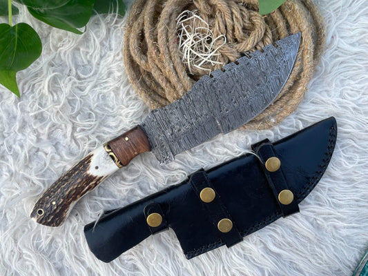 12" Handmade Damascus Steel Tracker Knife – Red Deer Stag Handle, Big Game Hunting Knife with Leather Sheath