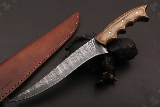12" Handmade Fire Damascus Steel Fillet Kitchen Knife Damascus Fillet Knife W/Sheath