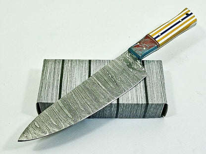 12" Handmade Fixed Damascus Blade Chef Knife – Full Tang Kitchen Knife with Resin Handle & Sheath