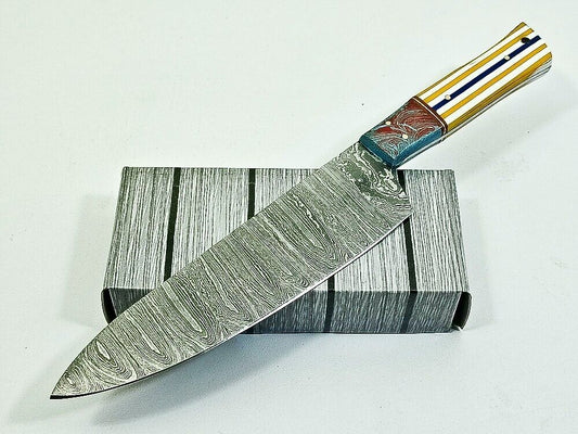 12" Handmade Fixed Damascus Blade Chef Knife – Full Tang Kitchen Knife with Resin Handle & Sheath