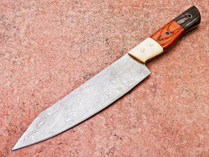12" Handmade Professional Damascus Steel Chef Knife with Bone & Wood Handle + Sheath

