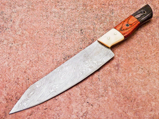 12" Handmade Professional Damascus Steel Chef Knife with Bone & Wood Handle + Sheath

