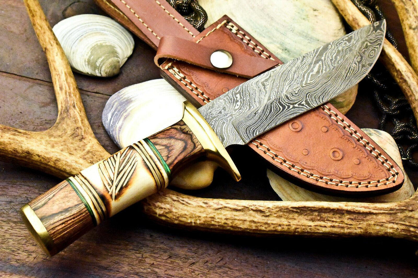 12" Handmade Traditional Bowie Knife Damascus Steel Knife With Polished Camel Bone Handle 