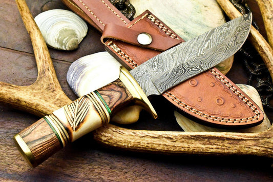 12" Handmade Traditional Bowie Knife Damascus Steel Knife With Polished Camel Bone Handle 