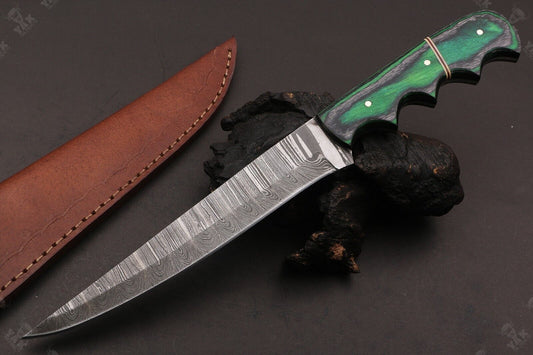 12" Handmade Twist Damascus Steel Fillet Knife Custom Fillet Knife With Leather Sheath