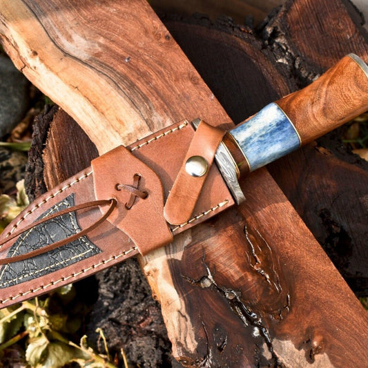 12 Inch Custom Damascus Bowie Knife with Camel Bone Handle and Leather Sheath