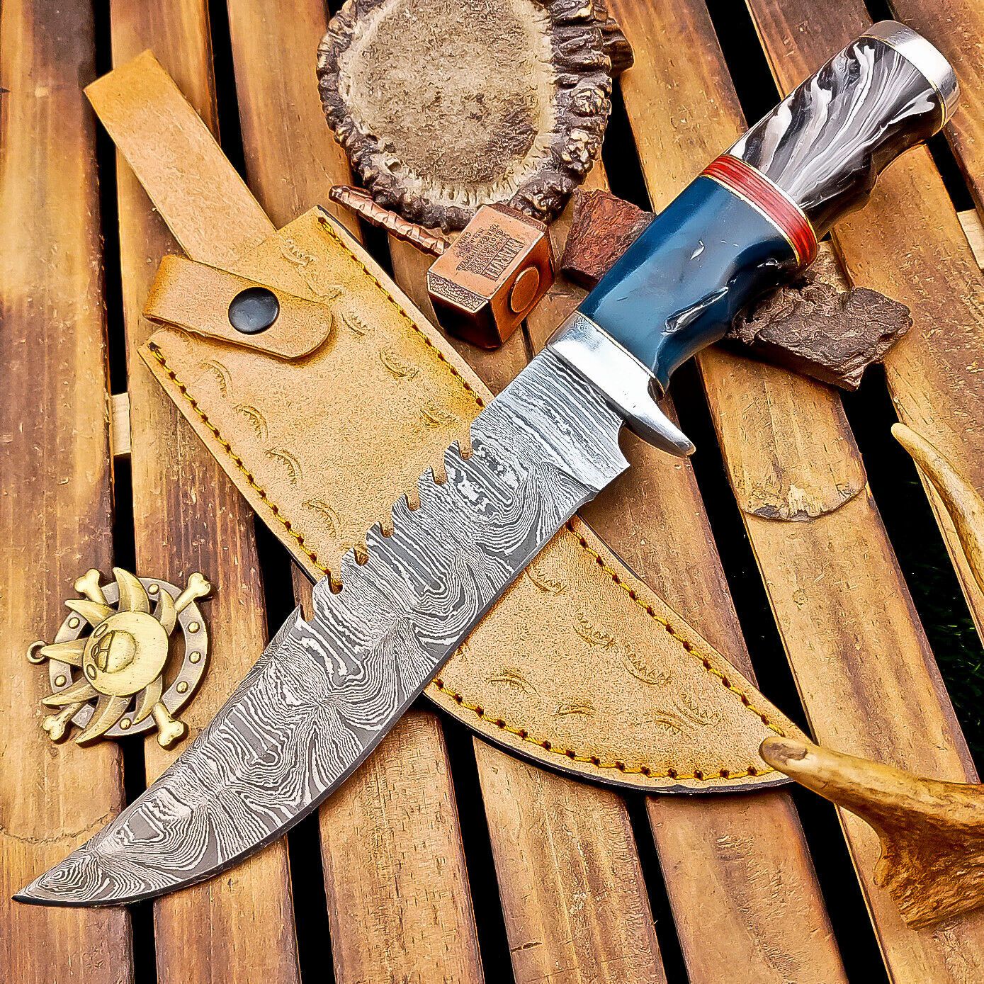 12 Inch Custom Damascus Bowie Knife with Resin Handle and Steel Bolster
