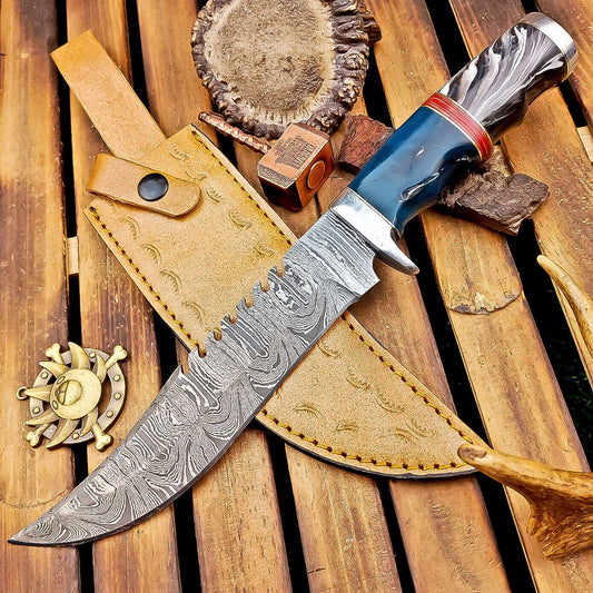 12 Inch Custom Damascus Bowie Knife with Resin Handle and Steel Bolster