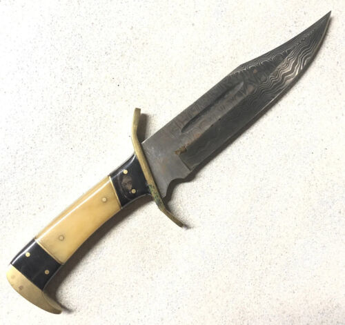 12 Inch Custom Damascus Steel Bowie Knife with Bone Handle and Leather Sheath
