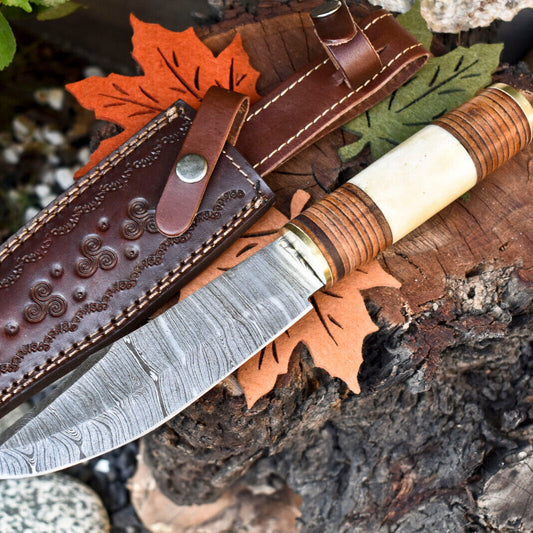 12 Inch Custom Damascus Steel Bowie Knife with Camel Bone Handle and Leather Sheath