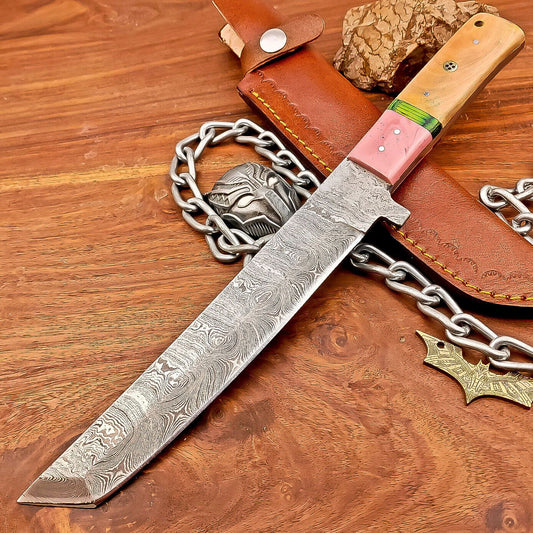 12 Inch Custom Damascus Steel Bowie Knife with Resin and Wood Handle