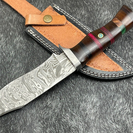 12 Inch Custom Handmade Damascus Bowie Knife with Hardwood Handle and Leather Sheath