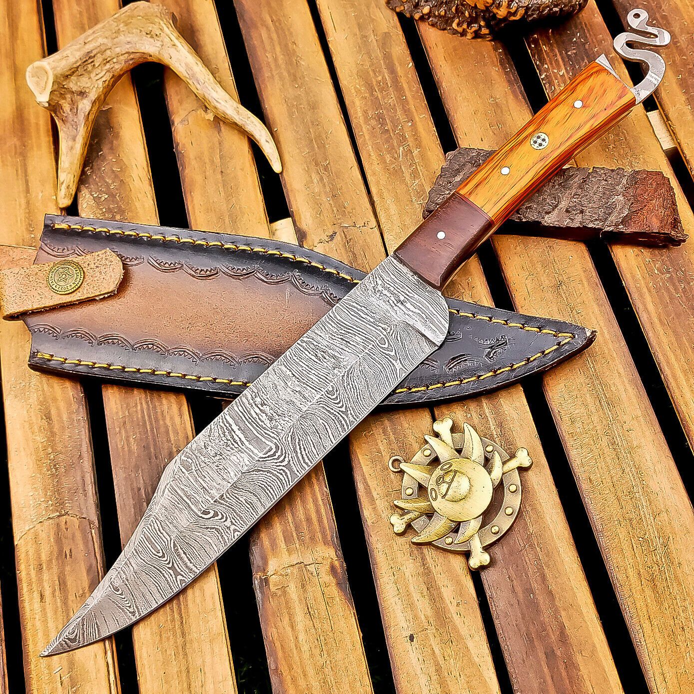 12 Inch Custom Handmade Damascus Steel Bowie Knife with Wood Handle and Brass Pins