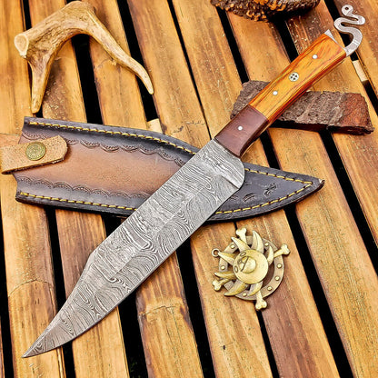 12 Inch Custom Handmade Damascus Steel Bowie Knife with Wood Handle and Brass Pins
