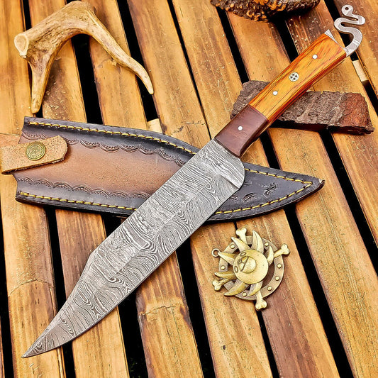 12 Inch Custom Handmade Damascus Steel Bowie Knife with Wood Handle and Brass Pins